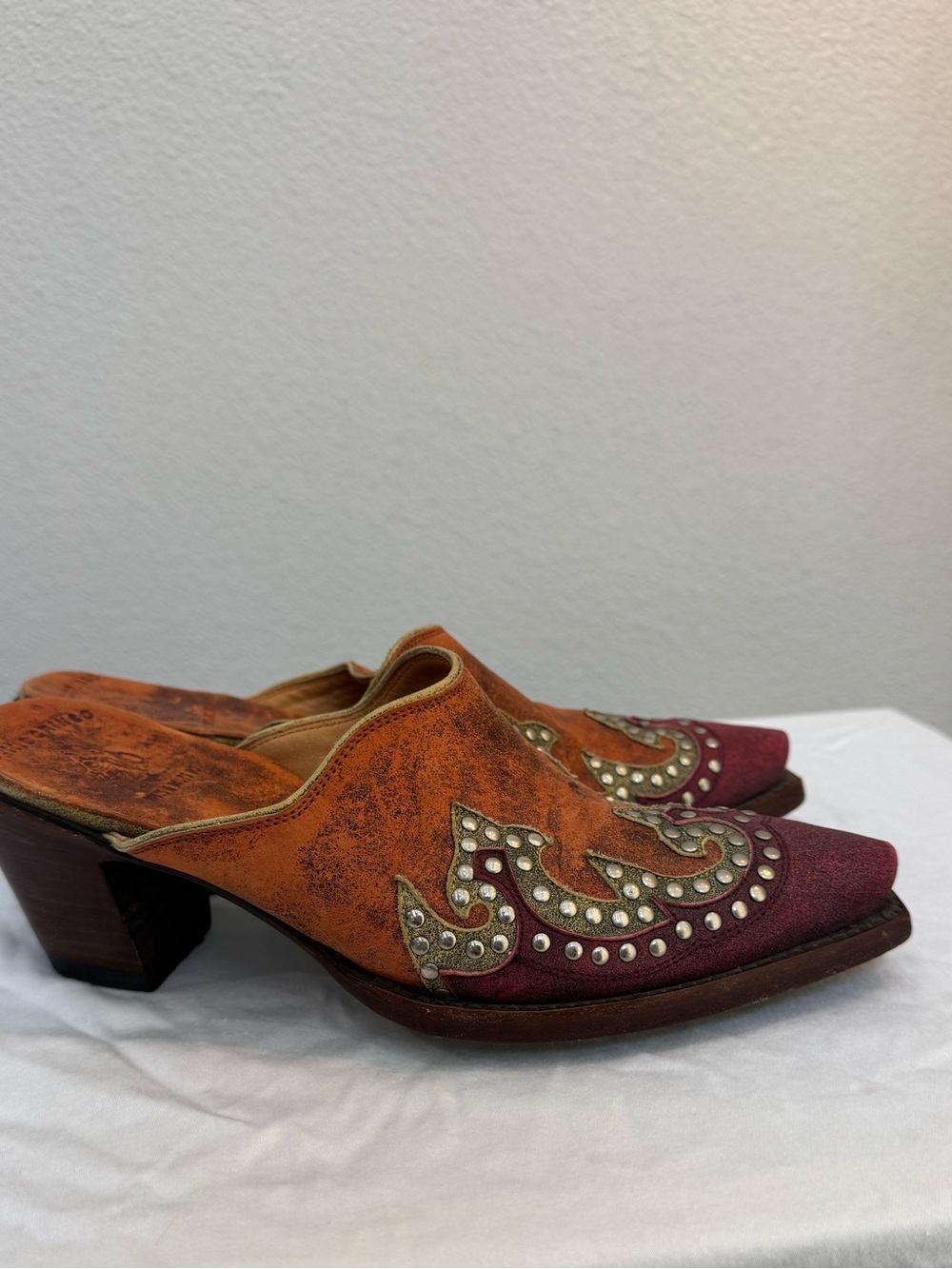 Old Gringo Two-Tone Studded Leather Mule in Orange & Burgundy